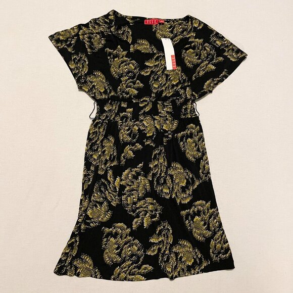 Elle Black Gold Floral Dress Womens Size XS Stretchy Party Dress - Picture 15 of 16
